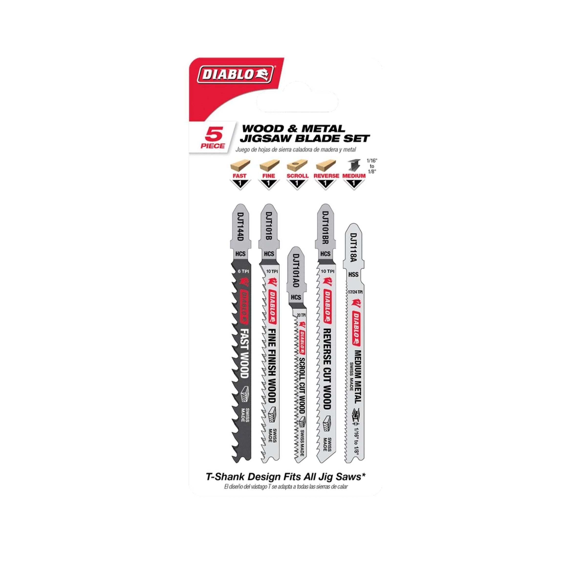 The Diablo DJT5S Jig Saw Blade 5-Piece Set for Wood & Metal features five blades for diverse cuts and highlights T-Shank Design Fits All Jig Saws, with markings for Fast Finish and Reverse Cut on different materials.